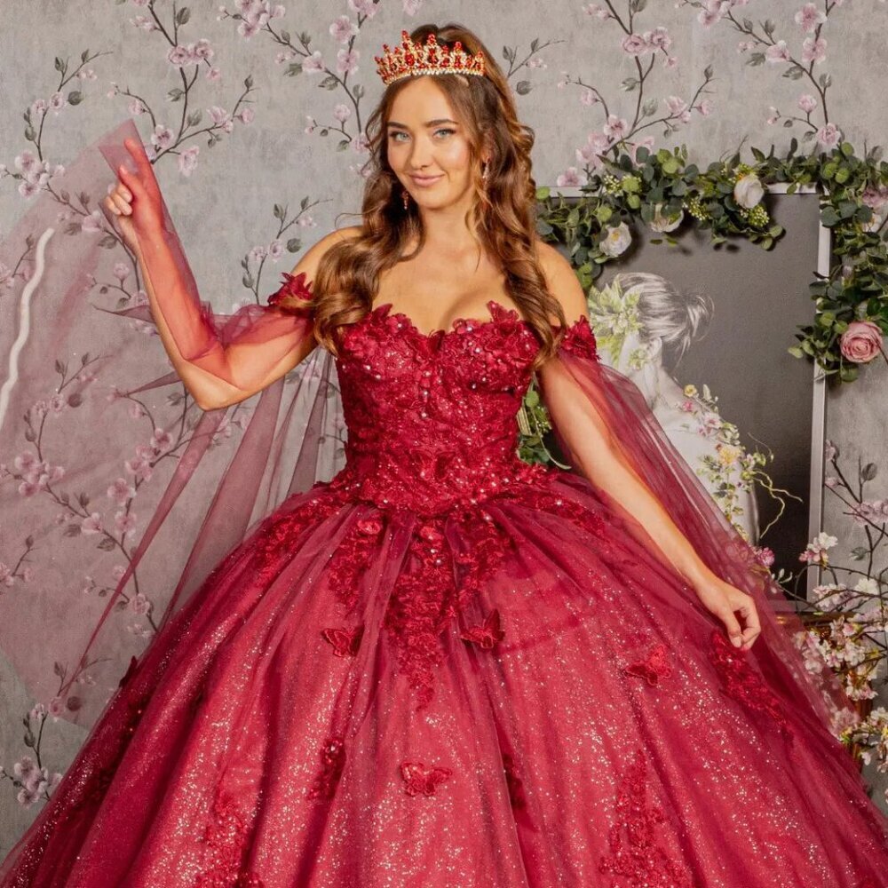New Off Shoulder Butterfly Embellished Quinceanera Gown w/ Lace Up Back GL3181 - Picture 1 of 13